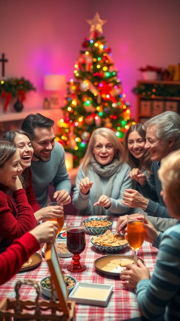 Fun Christmas Family Games Family playing games together during Christmas, with a decorated tree and festive decorations.